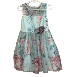 Zunie Kids' Floral Print Mesh Dress In Aqua Multi Size 4/5